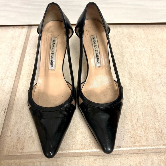 Manolo Blahnik black Patent Leather Cutout Accent D'Orsay Pumps pointed toes 5.5 - Picture 4 of 12